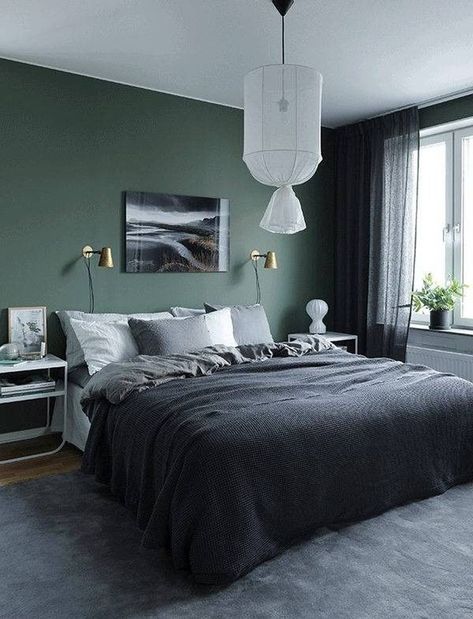 #Bedroom #Mens #Bedroom #Decor #MensBedroomDecor Modern Mens Bedroom, Grey Bedroom Design, Green Accent Walls, Deco House, Dekorasi Kamar Tidur, Green Walls, Grey Bedroom, 아파트 인테리어, Modern Bedroom Decor