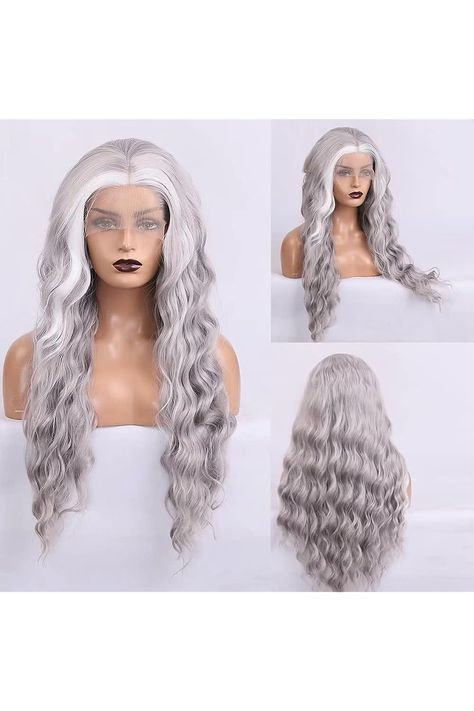 RONGDUOYI RDY Gray with a White Front Streak Lace Front Wigs Mixed Color Grey/White Highlight Wig for Women 26inches Long Body Wave Synthetic Wig with Natural Hairline White Highlights, Wig Stand, Brown Wig, Lace Caps, Hair Natural, Swiss Lace, Synthetic Lace Front Wigs, Wig Accessories, Synthetic Wig