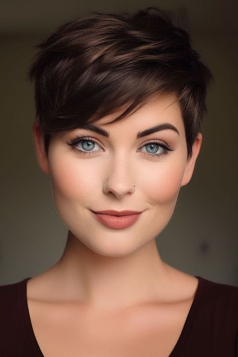 Short Brown Pixie Haircuts, Pixie Hairstyles Brunette, Pixie Cut Brown Hair, Pixie Haircut With Highlights, Brunette Pixie With Highlights, Short Hair Dark Brown, Brown Pixie Hair, Dark Pixie Cut, Pixie Color