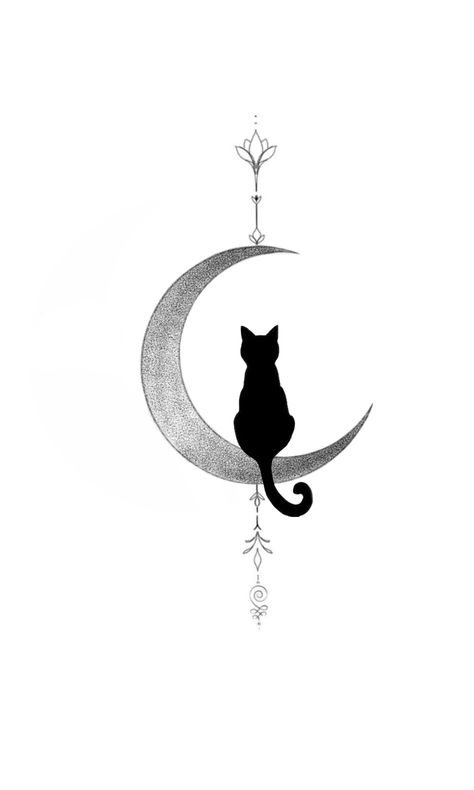 Sassy Cat Tattoo, Cat Moon Flower Tattoo, Cat Galaxy Tattoo, Black White Cat Tattoo, Small Black Cat Tattoo Silhouette, Black Cat And Moon Tattoo, Witch And Cat Tattoo, Cat Goddess Tattoo, Cat Tattoo Moon