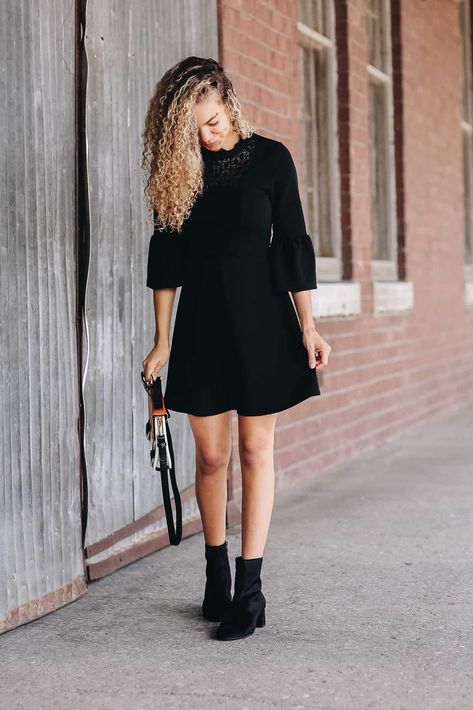 little black dress with ankle boots | fall outfit | fall style | fall fashion Dress And Short Boots Outfit, Black Boots For Dresses, Black Ankle Boots With Dress, Short Dress Boots Outfit, Short Black Dress With Boots, Fall Dresses With Boots Ankle Booties, Black Dress With Boots Outfit, Black Dress With Ankle Boots, Dresses With Short Boots