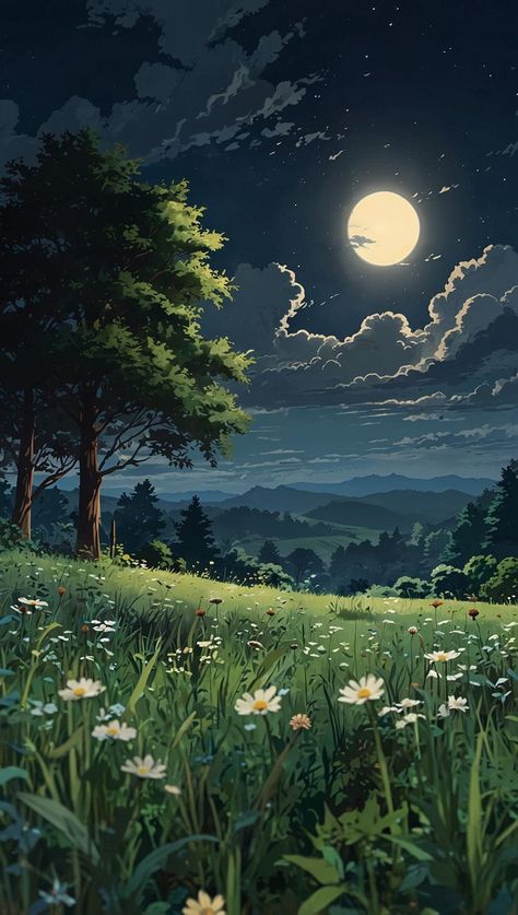 the full moon shines brightly in the night sky over a grassy field with daisies Calm Nature Drawing, Rainy Sky Wallpaper, Tablet Wallpaper Landscape, Blossom Wallpaper Aesthetic, Cherry Blossom Wallpaper Aesthetic, Wallpaper Nature Hd, Rainy Scenery, Pretty Wallpapers Backgrounds Nature, Nighttime Wallpaper