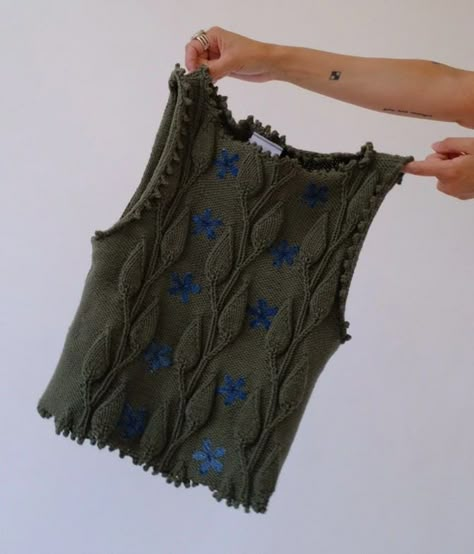 Trendy Knit Sweater Vest, Crochet Sweater Vest Aesthetic, Knit Vest Handmade, Funky Sweater Vest, Sweater Vest Outfits, Ganni Vest Knit, Thrift Inspiration, Sustainable Knitwear, Moss Rose