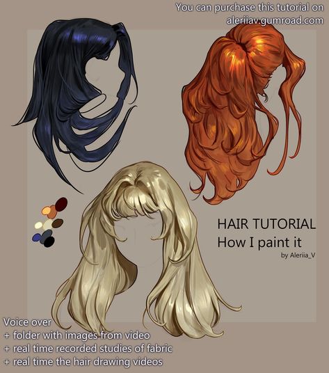 ArtStation - Hair tutorial, Aleriia_V (lerapi) Colour Hair Tutorial, Hair Shading Digital Art, Hair Study Drawing, Coloring Hair Digital Art, Black Hair Shading, Hair Shading Reference, Digital Hair Tutorial, Hair Digital Art Tutorial, How To Color Hair Digital