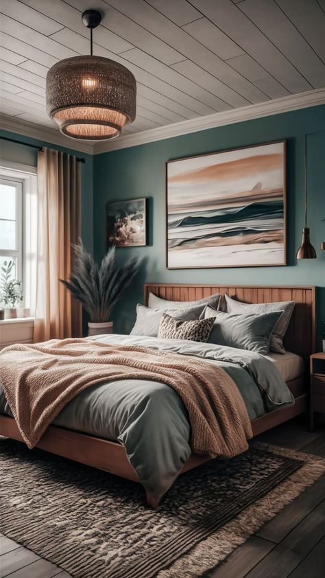 Slate Blue And Sand Bedroom, Master Bedrooms Decor Ocean, Earthy Teal Bedroom, Bed Colors Ideas, Modern Ocean Bedroom, Coastal Industrial Bedroom, Modern Blue Bedroom Ideas, Indigo Bedroom Ideas, Bedroom Inspirations Coastal