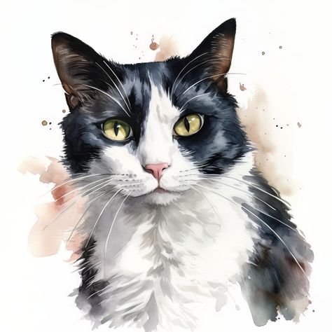 Watercolor Tuxedo Cat, Tuxedo Cat Watercolor, Tuxedo Cat Art Illustration, Cat Watercolor Paintings, Tuxedo Cat Painting, Tuxedo Cat Art, Cat Digital Art, Pet Portrait Paintings, Cat Portrait Painting