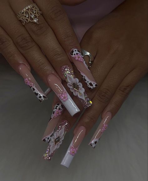 Cowboy Nails, Cow Nails, Nails Pretty, Tropical Nails, Long Acrylic Nail Designs, Unique Acrylic Nails, Long Square Acrylic Nails, Bling Acrylic Nails, Acrylic Nails Coffin Short