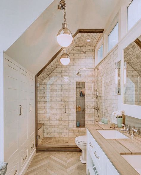 that shower! Bathroom With Knee Wall, Bathroom Design With Slanted Ceiling, Attic Bedroom Ideas Master With Bathroom, Bathroom In Eaves Small Spaces, Bathroom Vaulted Ceiling Master, Sloped Wall Built Ins, Shower In Dormer, Sloped Ceiling Bathrooms, Angled Wall Bathroom Layout