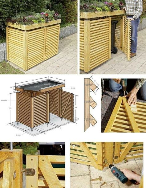 Garbage Can Shed, Garbage Can Storage, Garbage Storage, Lights Patio, Diy Shed, Ideas Patio, Building A Shed, Pergola Patio, Patio Decorating