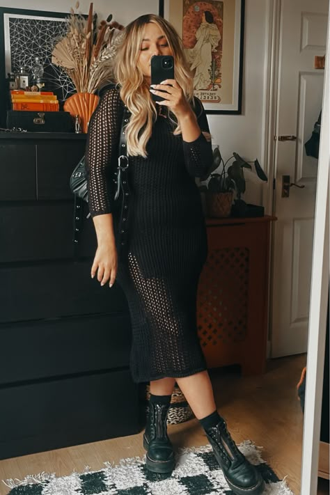 Llymlrs Outfit, Curvy Fall Dresses, Black Dress With Combat Boots Outfit, Maxi Dress With Doc Martens, Plus Size Gig Outfit, Party Goth Outfit, Dress Grunge Outfits, Crochet Dress Plus Size, Sweater Dress With Doc Martens