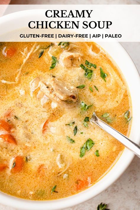 This homemade Creamy Chicken Soup is rich, silky, and the ultimate comfort food. It’s brimming with tender vegetables, fresh herbs, and deliciously seasoned, juicy chicken in a creamy, savory broth. This gluten-free & dairy-free chicken soup is also paleo and AIP-friendly. #chickensoup #creamychickensoup #dairyfreechickensoup #glutenfreechickensoup #souprecipes #healthysoups #wintersoups #paleorecipes #healthyrecipes #winterrecipes #glutenfreerecipes #dairyfreerecipes #homemadesoup Whole30 Crockpot Soup, Low Histamine Chicken Soup, Low Histamine Instant Pot Recipes, Clean Soup, Creamy Chicken And Rice Soup, Low Histamine Recipes, Whole 30 Soup, Instant Pot Chicken And Rice, Whole30 Soup Recipes