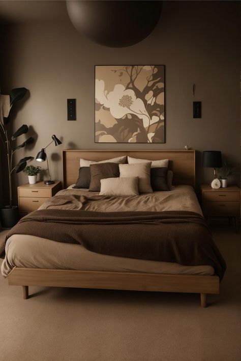 Light Brown Bedroom Ideas Cozy, Brown Beige Home Decor, Dark Neutral Master Bed, Interior Wall Colors Neutral, Beige Bedroom Dark Furniture, Rustic Brown Bedroom Ideas, Dark Beige Room, Dark Beige Bedroom, Dark Brown Room Aesthetic