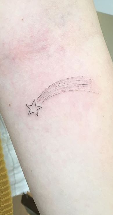 Star Light Tattoo, Wish Upon A Star Tattoo, Shooting Star Tattoo Men, Moon And Shooting Star Tattoo, Falling Stars Tattoo, Star Memorial Tattoo, Made Of Stardust Tattoo, Harlow Tattoo, Comet Tattoo Ideas