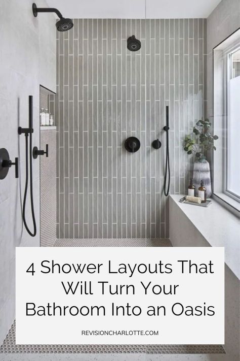 These luxury (and simple) shower remodels will turn your bathroom design into an oasis! Click through for the 4 shower layouts we love for our bathroom remodel clients. We offer bathroom makeovers and design in the Greater Charlotte, North Carolina area. luxury bathroom design, shower aesthetic Bathroom Ideas With Tv, Shower Luxury Design, Luxury Bathroom Tile Ideas, Shower Valve Placement Ideas, 14x8 Bathroom Layout, Bathroom Layout Shower Only, Small Shower Bathroom Remodel, Master Shower Dimensions, Modern Transitional Bathroom Master Bath