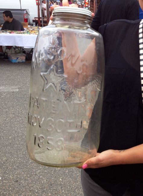 My giant 4 gallon mason jar I got today at the Long Beach Antique Market. Antique Dishes Collectible, Mason Jar Ideas, Gallon Mason Jars, Change Jar, Large Mason Jars, Vintage Mason Jars, Jar Ideas, Antique Dishes, Country Decor Rustic