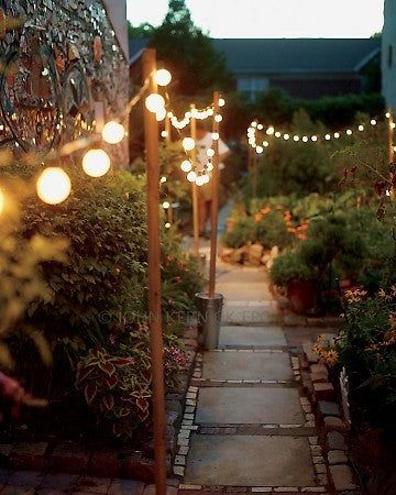 Garden Ideas I Want To Try – Aimee Weaver Designs Best Outdoor Lighting, Diy Outdoor Lighting, Bohemian Garden, Globe String Lights, Beautiful Patios, Backyard Lighting, Farmhouse Decoration, Festoon Lighting, Porch Lighting