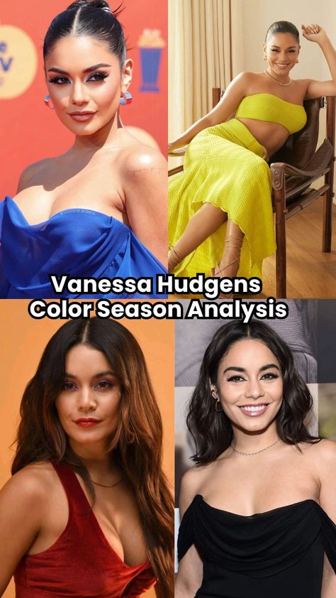 Curious about Vanessa Hudgens color season? See how online analysis provides accurate, affordable insights with help from Four Seasons Studio. Vanessa Hudgens Hair Color, True Winter Celebrities, Dark Winter Celebrities, Dark Winter Color Palette Hair, Deep Autumn Celebrities, Winter Color Season, Vanessa Hudgens Makeup, Vanessa Hudgens Hair, Winter Skin Tone