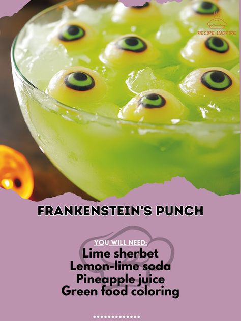 🧟‍♂️🍸 Get ready for a frightfully fun drink with Frankenstein's Punch! A spooky mix that will electrify your Halloween party! Frankenstein's Punch Ingredients: Lime sherbet (2 cups) Lemon-lime soda (4 cups) Pineapple juice (1 cup) Green food coloring (optional) Gummy eyeballs (for garnish) Instructions: In a punch bowl, combine lime sherbet, lemon-lime soda, and pineapple juice. Stir gently until mixed; add food coloring for a brighter green, if desired. Garnish with gummy eyeballs. 💚⚡ En... Frankenstein Margarita, Eyeball Punch, Gummy Eyeballs, Pineapple Party Punch, Sherbet Lemon, Halloween Party Drinks, Lime Sherbet, Movie Ideas, Lemon Lime Soda