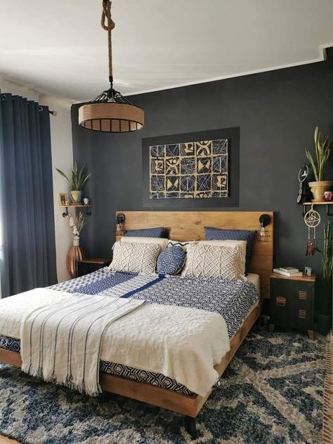 Blue And Pine Bedroom, Brown And Blue Room Decor Bedroom, Light Brown Walls Bedroom, Light Blue And Brown Bedroom, Blue Room Decor Bedroom, Blue And Beige Bedroom, Cozy Blue Bedroom, Blue Boho Bedroom, Bedroom Ideas Blue