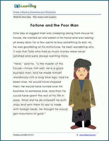 Fable for grade 3 students: "Fortune and the Beggar". Kid's fable, fiction, 450 words. Reading comprehension questions follow the historical short story. Free reading and math worksheets from K5 Learning. No login required. Present Perfect Tense Exercises, Short Fables, Reading Comprehension Grade 1, Short Stories To Read, Fable Stories, Very Short Stories, Worksheets For Grade 3, Perfect Tense, Fiction Text