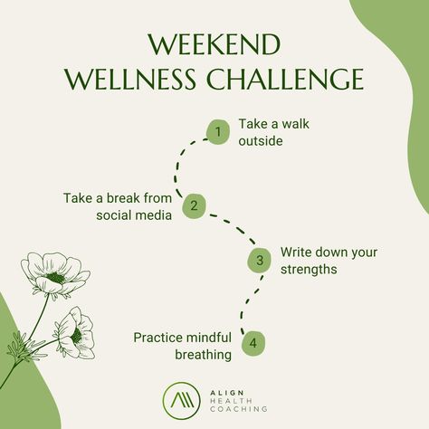 🌿 Join Gail's Weekend Wellness Challenge! 🌿 Take a walk outside. Take a break from social media. Write down your strengths. Practice mindful breathing. Prioritize self-care this weekend! 💚✨ #WeekendWellnessChallenge #SelfCare #Mindfulness #Wellbeing Work Wellness Challenge Ideas, Wellness Social Media, Social Media Break Challenge, Digital Wellbeing, Social Media Content For Health And Wellness, Ultimate Self Care Weekend, Social Media Challenges, Wellness Challenge, Social Media Content Planner