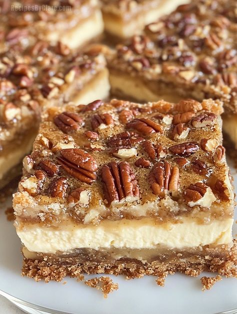 Pecan Pie Cheesecake Bars - A Delicious Holiday Dessert - Recipes By Clare Soul Food Wedding, Carmel Pecan Cheesecake, Pecan Pie Cheesecake Bars Recipe, Turtle Cheesecake Bars, Thanksgiving Desserts For A Crowd, Cheesecake Pecan, Bakery Shop Ideas, Pecan Cheesecake Recipes, Gooey Pecan Pie