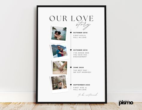 "Celebrate the beautiful journey of love with our Love Story poster, a perfect gift for Valentine's Day or any occasion dedicated to expressing affection. This uniquely designed printable elegantly encapsulates the timeline of your relationship through a series of carefully chosen pictures, bringing to life the special moments you've shared. Quick turnaround time (READY IN 12 HOURS) makes it great last minute gift idea! WHAT YOU WILL RECEIVE: ➤ CUSTOMIZED DIGITAL FILE  Ready to print high-quality (300 DPI) PDF with your list of reasons, colors and other details that I will edit for you in 24 HOURS after purchase      > this offer includes customization but not printing! You will get a DIGITAL FILE > if you need other file type just let me know ➽ 𝗚𝗘𝗧 𝟮𝟬% 𝗢𝗙𝗙 >> Join my Project Pismo Photo Relationship, Love Timeline, Love Story Poster, One Year Gift, Poster Anniversary, Photo Timeline, Anniversary Poster, Photo Polaroid, Relationship Timeline