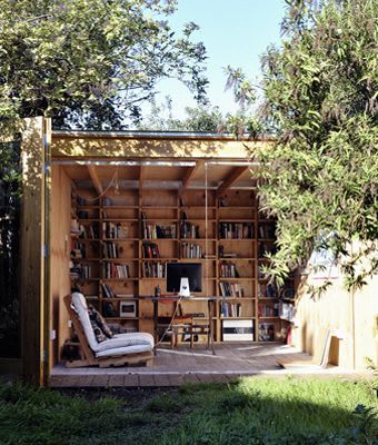 12 Garden Libraries That Are Perfect for Springtime Shed Office, Outdoor Space Design, Home Library Design, Outdoor Office, Outdoor Room, Home Libraries, Outdoor Swing, Garden Studio, Library Design