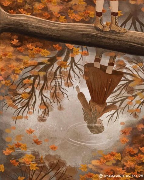 Jess Mason Illustration, Autumn Drawing Aesthetic, Drawing Reflections, Autumn Leaves Illustration, Reflection Illustration, Autumn Drawing, Autumn Artwork, Illustration Autumn, Fall Drawings