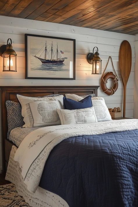 29 Coastal Farmhouse Decor Ideas for a Relaxed Vibe 3 Navy Nautical Bedroom, Navy Cottage Bedroom, Nautical Theme House, Room Ideas Aesthetic Coastal, Lake House Bedroom Ideas Guest Rooms, Masculine Coastal Decor, Lake Themed Bedroom, Lake House Vibes, Rustic Nautical Bedroom