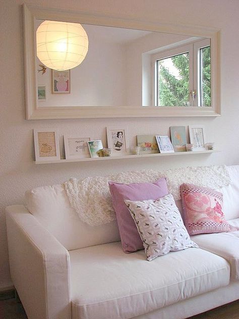 Shelf and mirror above couch. I totally have that couch in this picture. You can have it FO FREE Mirror Over Couch, Over The Couch, Above Couch, Couch Decor, Room Deco, A Living Room, Home Fashion, Small Living Room, Living Room Inspiration