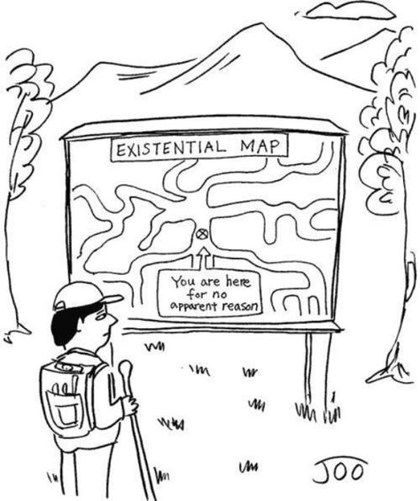 This cartoon about existentialism explains how an individual who follows this believes that their life has no meaning to it and the only meaning is to be a free person Existential Aesthetic, Existentialism Aesthetic, Existential Crisis Aesthetic, Philosophy Jokes, Existentialism Art, Existential Despair, Free Person, Philosophy Memes, Philosophy Theories