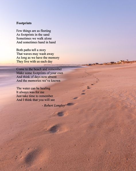 Footprints is an inspirational poem by Robert Longley about time spent at the beach. #poems #poetry #inspiration Poems About The Beach, Beach Poetry, River Poem, Beach Poems, Sun Poem, Poem Themes, Guilt Quotes, Inspirational Poetry, Funny Poems