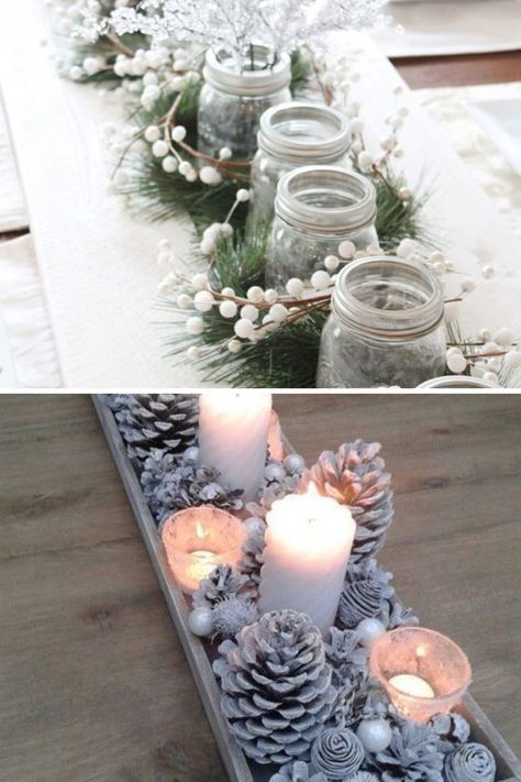 Use these simple Christmas table setting ideas for your dining room to create a DIY Christmas table setting! Like these DIY frosted pinecones for a snow-dusted Christmas table centerpiece idea. These Christmas table centerpieces will give you tons of inspiration for how to style your Christmas table this year! Easy Christmas Table Centerpieces, White And Silver Decor, Simple Christmas Table, Christmas Dining Table Decorations, Christmas Table Setting Ideas, Dining Table Decorations, Silver Chargers, Diy Christmas Table, Table Setting Ideas