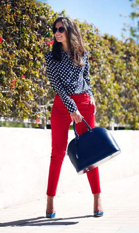 Red white and blue! #polkadots #redpants #navyblouse Business Casual Outfits, Work Attire, Office Outfits, Red Pants Outfit, Dot Shirt, Polka Dot Shirt, Red Pants, Casual Work Outfits, Work Outfits Women