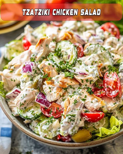 Tzatziki Chicken Salad – Foodyhealthylife Cold Chicken Lunch Ideas, Tzatziki Chicken Salad Recipe, Taziki Chicken Salad, Chicken Tzatziki Recipes, Leftover Roasted Chicken Recipes, Cold Summer Salads, Summer Time Meals, Chicken Salad Pasta, Savory Chicken Salad Recipe