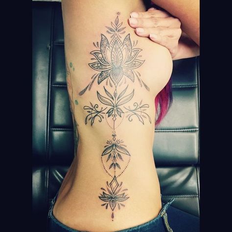 Lotus Side Tattoo Ribs, Mandala Tattoo Ribs For Women, Side Mandala Tattoo, Lotus Tattoo Side Rib, Rib Hip Tattoos Women, Lotus Side Tattoo, Lotus Flower Side Tattoo, Mandala Rib Tattoo, Female Rib Tattoos Side Tat