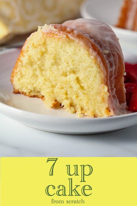 7 up cake made from scratch is moist and delicious. It tastes light and refreshing because of the lemon-lime flavored soda in the cake. It's perfect anytime of year but would make a great dessert for Easter or spring brunch. Five Flavor Pound Cake, Lemon Bundt Cake Recipe, 7 Up Cake, Coconut Cakes, Sugar Spun Run, 7up Pound Cake, Soda Cake, Lemon Cakes, Lemon Pound Cake Recipe