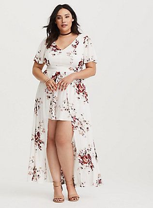 Plus Size Ivory Floral Romper with Maxi Skirt Overlay (Short Inseam Now Available), Look Plus Size, Ruffle Fabric, Plus Size Romper, Shorts Outfits, Elegante Casual, Plus Size Fashion For Women, Plus Size Wedding, Floral Romper, Plus Size Swimwear