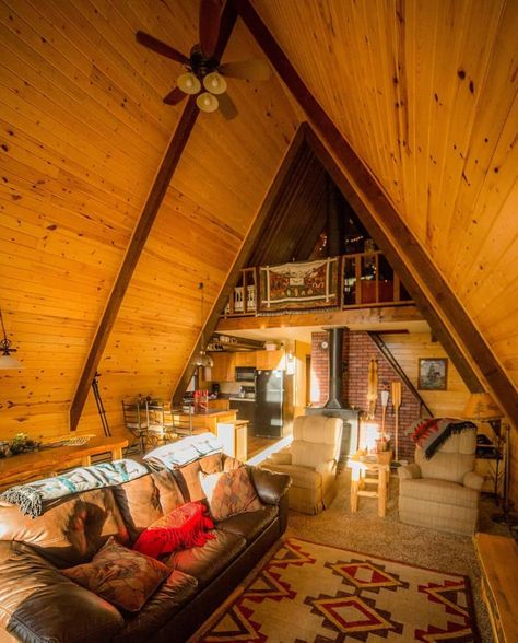 Dibs on not dusting the ceiling fan. ��� Cabin Couch, Cabin Plans With Loft, A Frame Cabin Plans, Triangle House, A Frame Cabins, A Frame House Plans, Frame Cabin, Cabin House Plans, Cabin Interiors