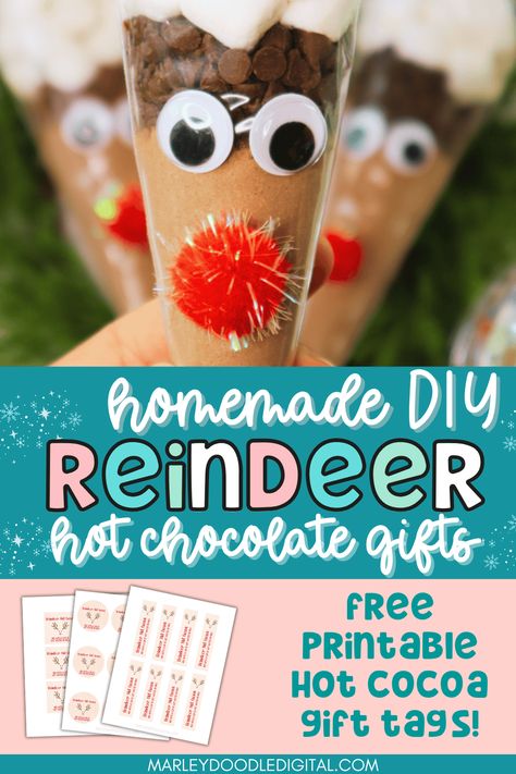 Make adorable reindeer hot chocolate cones with this easy DIY tutorial! Perfect as cheap Christmas gifts, stocking stuffers, or party favors, these treats are fun to make and loved by kids. With free printable gift tags included, they’re ideal for school parties, teacher gifts, or holiday gatherings. Try this budget-friendly holiday idea today and spread some festive cheer! How To Make Reindeer Hot Chocolate Cones, Reindeer Hot Chocolate Cones Easy Diy, Hot Cocoa Reindeer Bags, Hot Chocolate Christmas Gift Ideas, Hot Cocoa Treat Bags, Hot Chocolate Kits Diy, Diy Christmas Gifts For Classroom Kids, Hot Chocolate Teacher Gift, Christmas Market Food Ideas