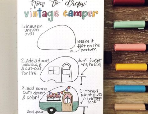 Cute Camper Drawing, Bullet Journal Camping Theme, Camper Doodle, May Doodles, Camping Bullet Journal, May Cover Page, Camper Drawing, Doodle Tutorial, Bullet Journal Contents