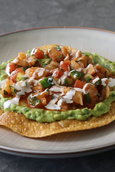 Deviled Shrimp Tostadas Prawn Tostadas, Deviled Shrimp, Shrimp Tostada, Shrimp Tostadas, Tostada Recipes, Avocado Spread, Fried Corn, Chef John, Corn Tortilla