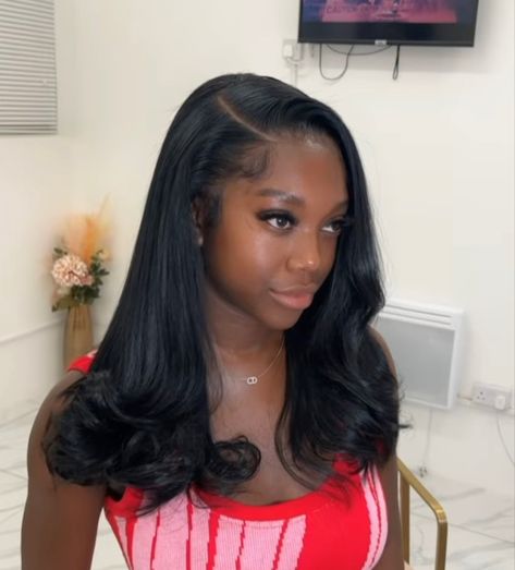 Sew In Hairstyles For Homecoming, Hairstyles For Hoco Black Hair, Homecoming Hair For Black Women, Silk Press Natural Hair Flipped Ends, Straight Wig With Bumped Ends, Wig Bumped Ends, Flip Up Hairstyles Medium Black Women, 16 Inch Wig Styles, Graduation Sew In Hairstyles