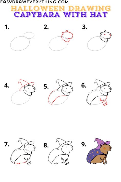 Halloween capybara drawing How To Draw A Capybara, How To Draw Capybara, Capybara Drawing Simple, Things To Draw For Halloween, Cute Capybara Drawing, Halloween Capybara, Capybara Drawing, Draw Halloween, Easy Things To Draw