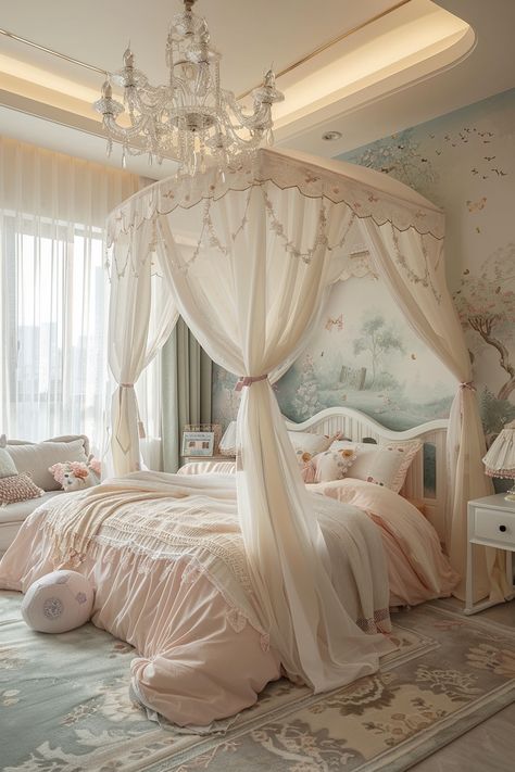 Transform Your Bedroom into a Luxurious Retreat with These Elegant Decor Ideas Canopy Bed Pink, Bed Canopy Aesthetic, Pink Canopy Bed, Bed Canopy Ideas, Whimsical Mural, French Canopy Bed, Ethereal Bedroom, Decorated Bedroom, Canopy Over Bed