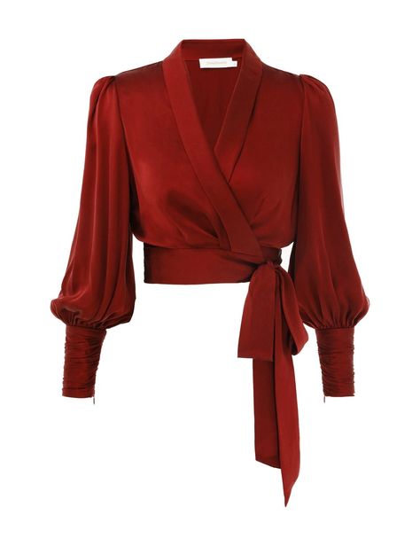 Silk Wrap Top Burgundy Online | Zimmermann Silk Wrap Top, One Piece Clothing, Wrap Crop Tops, Silk Wrap, Swimwear Outfit, Pink Silk, High Waisted Trousers, Red Blouses, Wrap Top