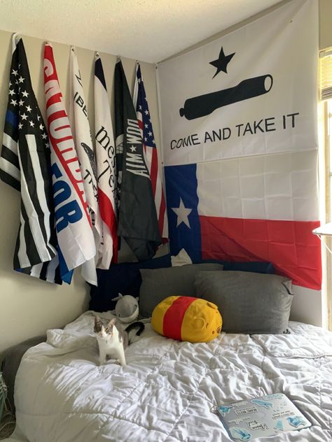 Flags hanging to make great college room decor ideas Usa Bedroom Ideas, Flag In Room Bedrooms, Flags For Room Decor Aesthetic, Flags In Bedroom Ideas, Flags On Ceiling Bedroom, Hanging Flags On Wall Room Decor, Flags For Bedroom, Flag Room Ideas, Flags On Ceiling