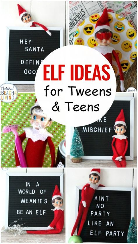 Elf on the Shelf Ideas for Teens and Tweens, If you have older kids you want to continue the family tradition in a way your teens can enjoy. These Elf on the Shelf ideas will be loved by your toddlers too. Whether your funny little elf on the shelf hangs out in the bathroom or leaves notes on the letter board, your whole family will love it. #elf #elfie #elfontheshelf #elfontheshelfideas Elf Kit, Awesome Elf On The Shelf Ideas, Elf Props, Elf Activities, Elf Antics, Elf Fun, Christmas Preparation, Elf Ideas, Elf On The Shelf Ideas