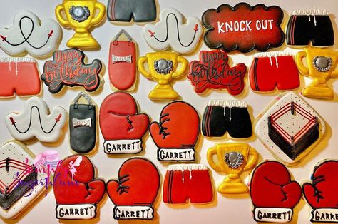 Simply Sugarplum Sugar Art on Instagram: “✨Boxing theme for a boxing enthusiast (and the signed Mike Tyson glove was amaaazing)! Happy birthday Garrett!✨ • • •…” Boxing Glove Cookies, Boxing Cookies Decorated, Rocky Theme Birthday Party, Rocky Balboa Birthday Party, Boxing Party Theme, Boxing First Birthday Party Themes, Boxing Birthday Theme, Ufc Birthday Party Ideas, Boxing 1st Birthday Theme